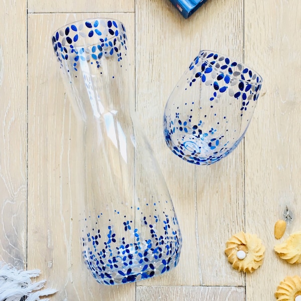 Ensemble Carafe + verre peint à la main - Carafes - Carafe à eau - Carafe de chevet - Objets bleus - idées cadeaux uniques - cadeau mariage