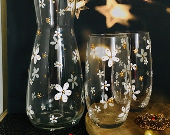 Ensemble "Eclat d'étoiles" peint à la main - Carafes et verres - Carafe à eau - Carafe de chevet - idée cadeau unique