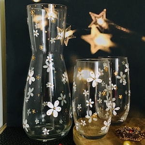 French hand painted carafe and glass set - Water carafe - Juice carafe - Bedside carafe -unique gift - carafe with glass - Made in France
