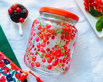 Hand painted - Red Fruits Line - Glass jar "upcycled" - unique piece / currants / housewarming gift / eco friendly products / SOLD EMPTY