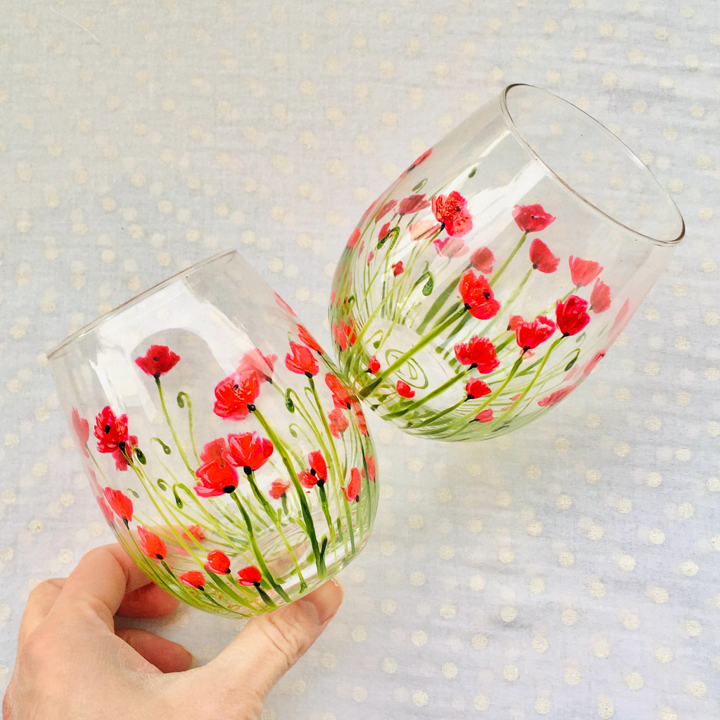 1 Hand Painted Glass Decorated With Poppies - Unique Gift ...