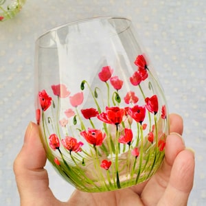 1 French Hand painted glass decorated with poppies - unique artisanal gift - housewarming gift - poppies - gift for her - Flower glasses