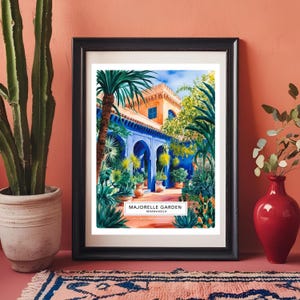Póster de acuarela del Jardín Majorelle de Marrakech para descargar: póster digital de Marruecos, decoración de pared bohemia exótica, impresión de alta calidad.