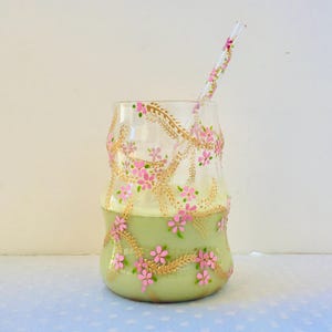 French Handpainted glass for cold matcha - star jasmine - unique piece - housewarming - Matcha latte gift -gift for her - floral glass