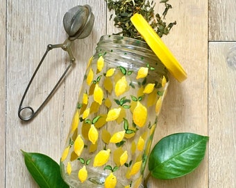 Hand-painted - Tea time line - Upcycled multipurpose glass jar - lemon motifs - unique piece / bulk / housewarming gift / SOLD EMPTY