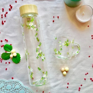 French hand painted Carafe + glass set - carafes - floral gourd bottle - unique gift for her - glass water bottle - housewarming gift