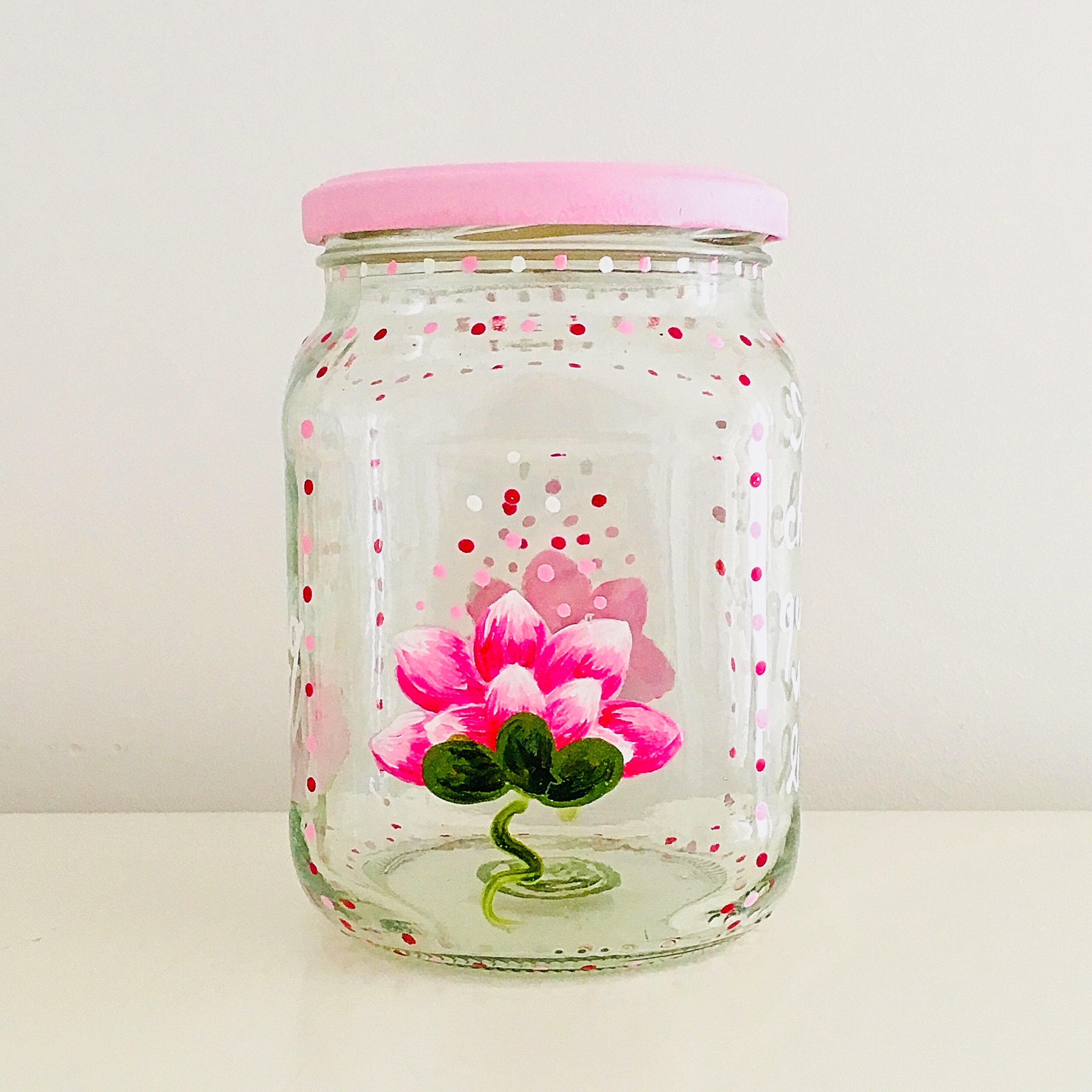 Good Morning Line Unique Upcycled Hand Painted Glass Container Lotus Flower  Decor / NAMASTE / Eco Friendly Product / SOLD EMPTY 
