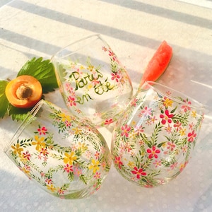 French Hand-Painted Glasses, Floral Drinking Glasses, Unique Housewarming Gift, Decorative Glassware, Gift for Her, Flower Cup Set