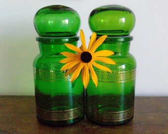 Green glass jar Set of two jars Bathroom jar Kitchen jar Gift Interior decor Apothecary jar Golden frieze