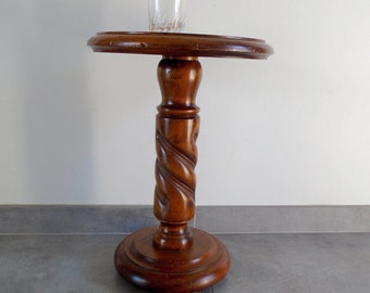 Turned wooden column side table Pedestal table Vintage plant holder Wooden saddle Gift Interior decor End table Side table