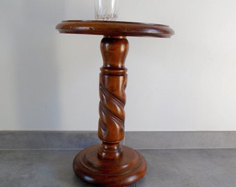 Turned wood column side table Pedestal table Vintage plant holder Solid wood bolster Gift Home decor Side table