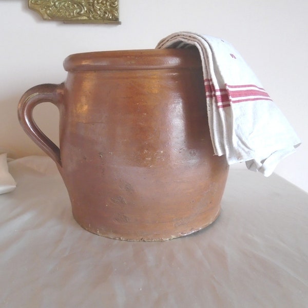 Large vintage stoneware pitcher Enamelled earthenware pot Antique pottery Vintage planter Jarre Déco campagne Candle pot