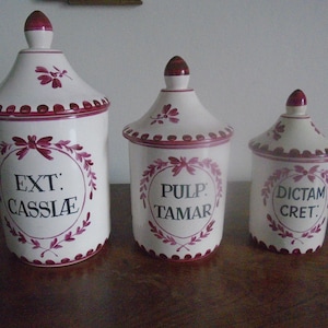 Vintage Pharmacy Jars 3 Pharmacy Jars Apothecary Jars Gift Collection Hand Painted Ext Cassiae Pulp Tamar Dictam Cret