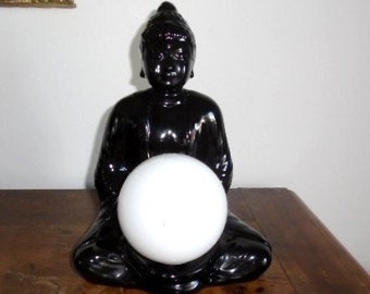 Vintage Buddha lamp Black ceramic lamp and white opaline glass globe 80s decor Accent lamp Ceramic lamp Gift
