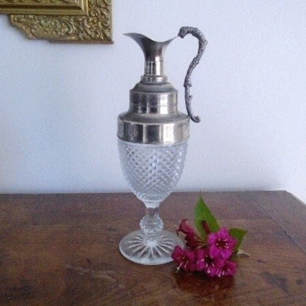 Vintage ewer carafe pitcher glass and silver metal art table service drink decorative home old flea market antique shabby chic