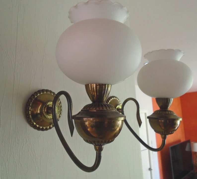 Set Of 2 Vintage Wall Sconces Brass And Opaline Antique Lighting Home Decoration