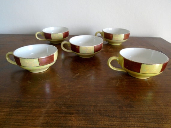 Kunst-Deko-Tassen Vintage Kaffee Service Tee Service 5 Tassen Grün und perlmutt braun Geschenk Kunst Dekor Geschirr Badonviller Tischkunst