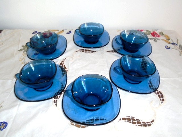 6 Tasses Bleues en Verre Tasse Bleue Vereco Années 70 Vaisselle Années Cadeau Service à Café Tasses 