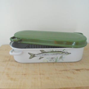 Vintage enamel fish bowl Asparagus pocheuse 70s Decor fish and green lid Gift Kitchen Decor pike/ asparagus Pot