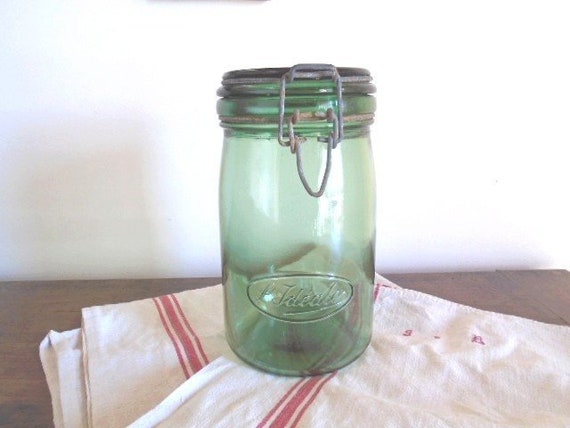 Bocaux vert ancien 1L 1960s marque Idéal, vintage jar