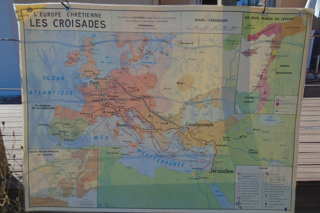 Vintage Wall Map School Map Map the Crusades Europe Christian Cultural ...