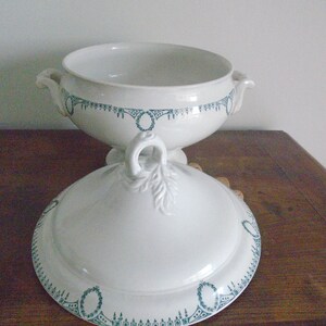 Vintage soup tureen St Amand Old tableware France Green / blue transferware and white soup tureen Gift Tableware Chic table Vegetable image 6