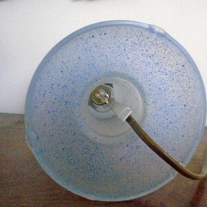 May include: A frosted glass lampshade with blue flecks, a light bulb socket, and a brown electrical cord.
