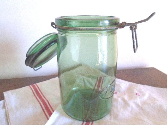 Bocal En Verre Vert L'Idéale 1L - Ancien Pot De Conserve Vintage