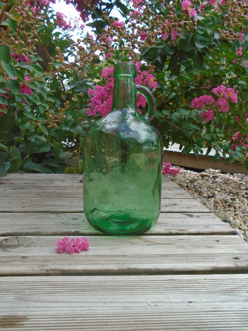 Dame Jeanne Vintage Green Thick Glass Bottle Home Decor Gift Boho Decor Bottle with Handle Decorative Bottle image 1