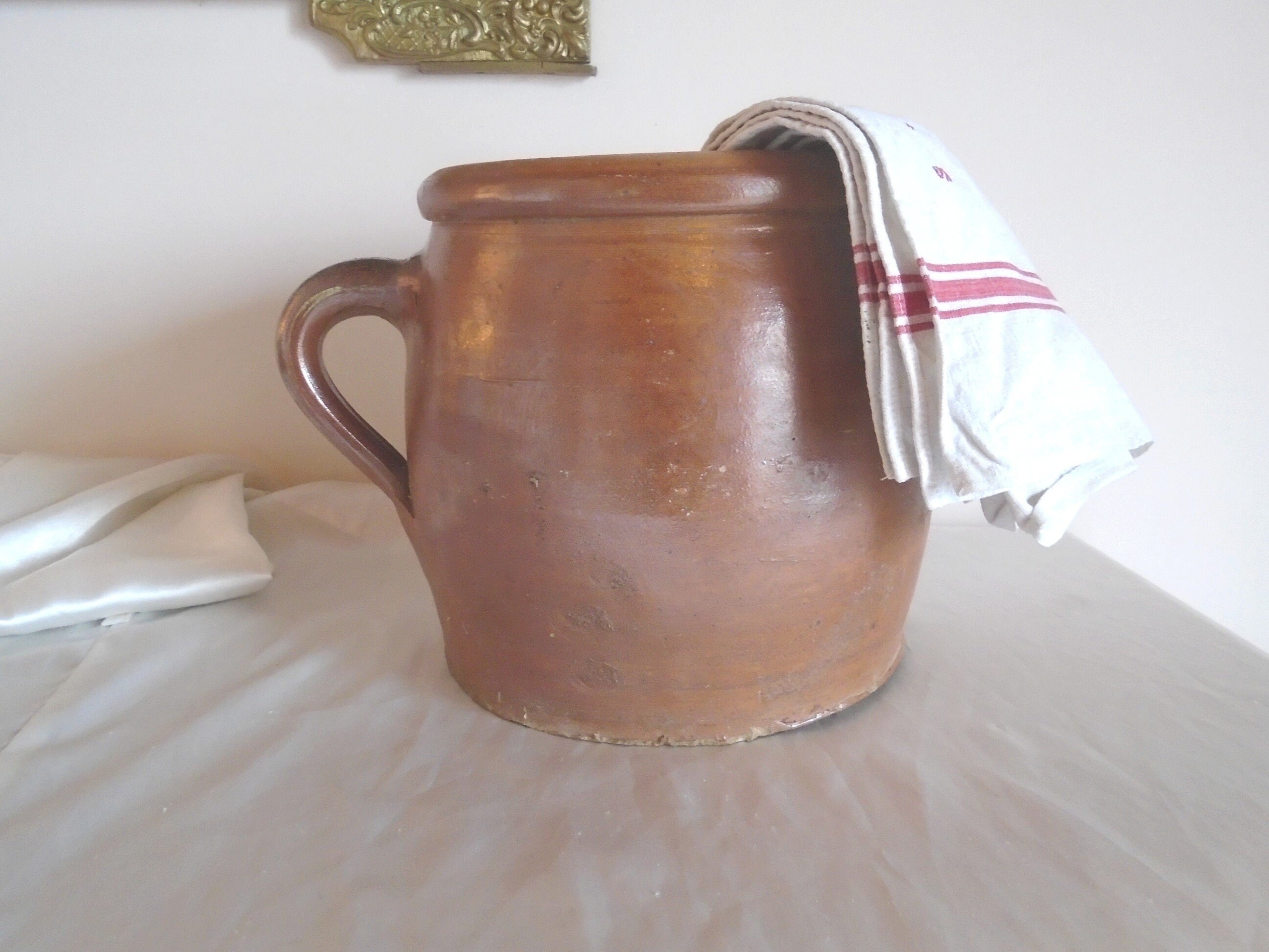 Grande Cruche en Grès Vintage de Ferme Pot Terre Cuite Émaillée Poterie Ancienne Cache-Pot Jarre Déc
