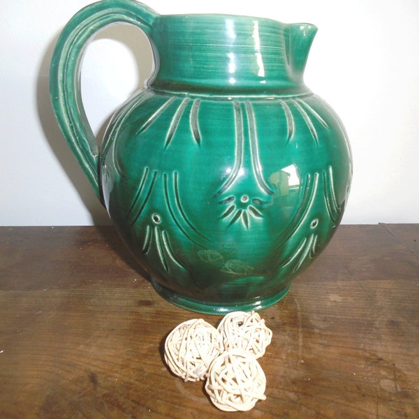 Vintage green pitcher Glazed earthenware pitcher decorated with plant motifs Tableware Gift Pottery Jug Table decor