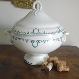Vintage soup tureen St Amand Old tableware France Green / blue transferware and white soup tureen Gift Tableware Chic table Vegetable image 1