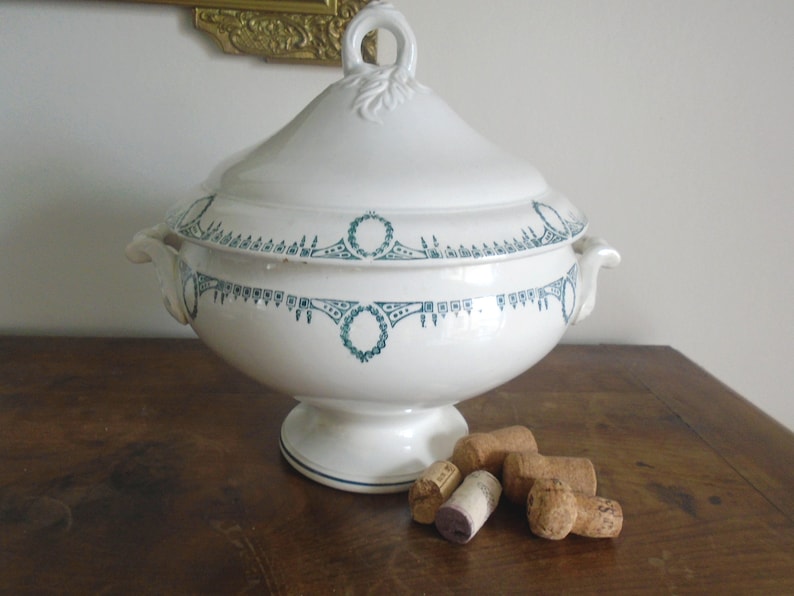 Vintage soup tureen St Amand Old tableware France Green / blue transferware and white soup tureen Gift Tableware Chic table Vegetable image 1