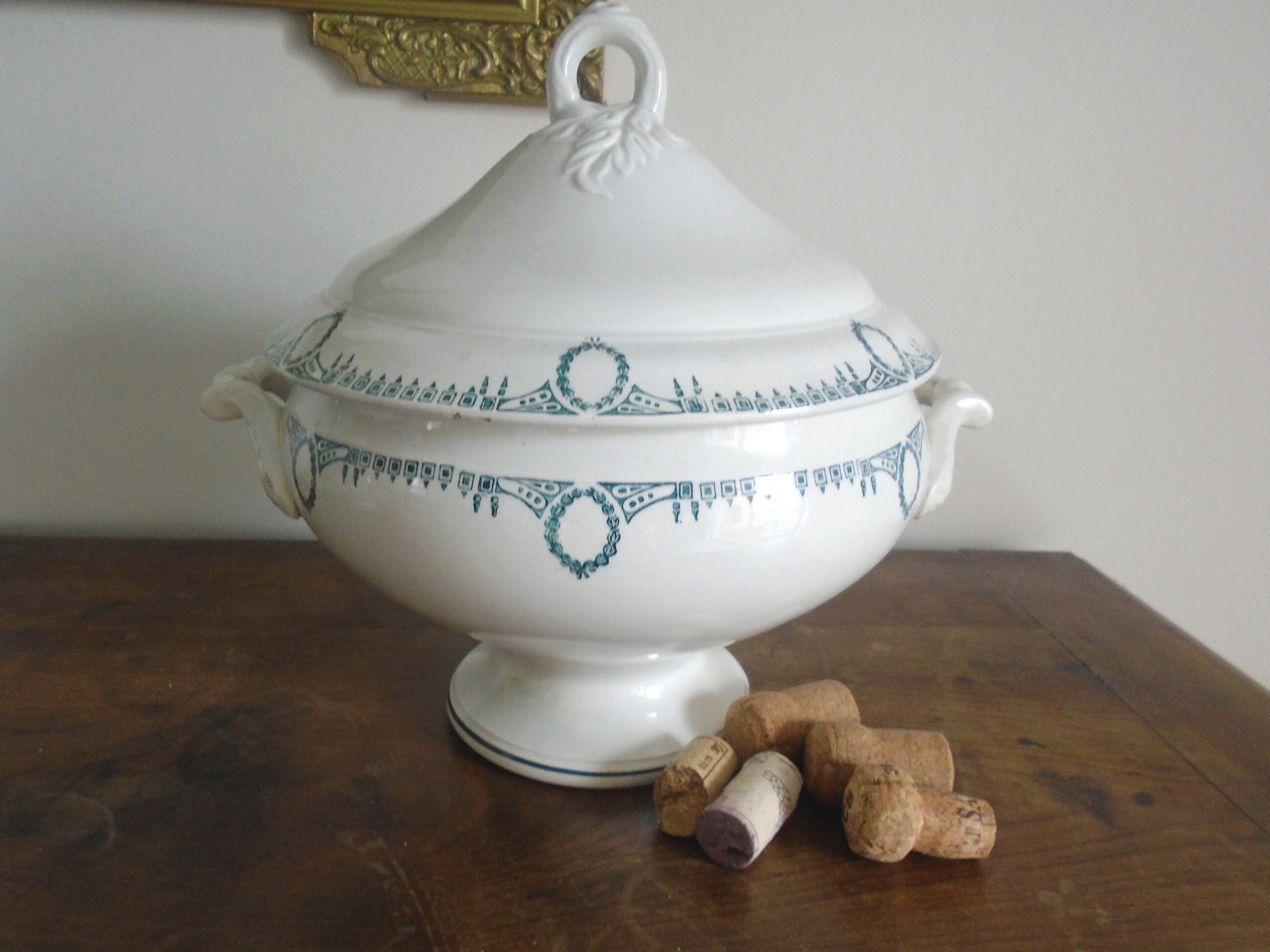 Soupière Vintage St Amand Vaisselle Ancienne Tureen Soupière Verte/Bleue Transferware et Blanche Cad