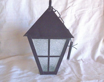 Old Hanging Lantern Outdoor Indoor Luminaire Black Metal Cathedral Glass Pendant