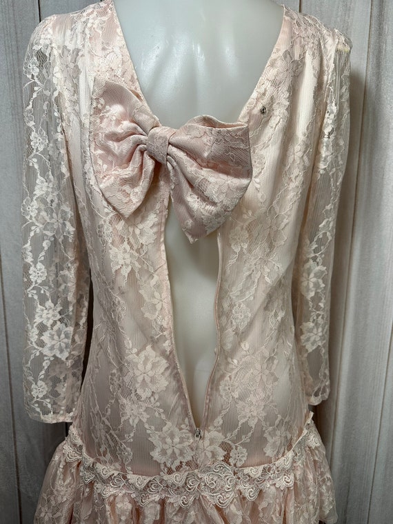 Vintage 80s Prom Lace Drop Waist Ruffle Dress Mid… - image 9