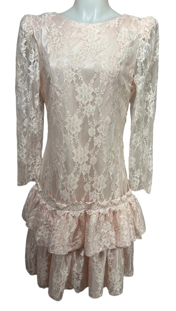 Vintage 80s Prom Lace Drop Waist Ruffle Dress Mid… - image 4