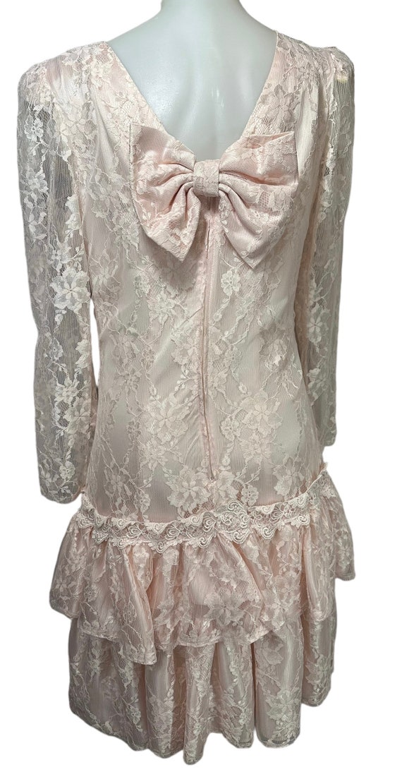 Vintage 80s Prom Lace Drop Waist Ruffle Dress Mid… - image 2