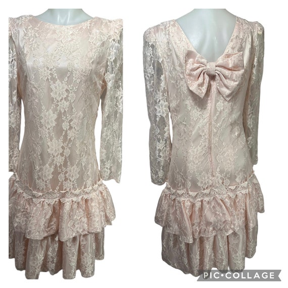 Vintage 80s Prom Lace Drop Waist Ruffle Dress Mid… - image 1