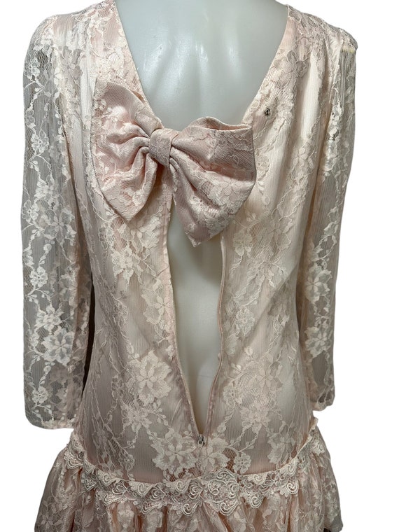 Vintage 80s Prom Lace Drop Waist Ruffle Dress Mid… - image 8