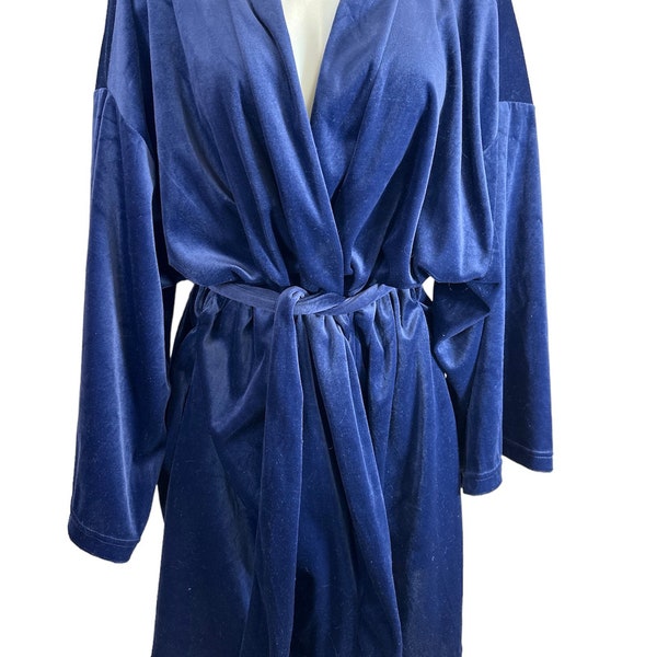 Fredericks Of Hollywood XL Velour Belted Kimono Robe Blue Pockets Bath Vintage