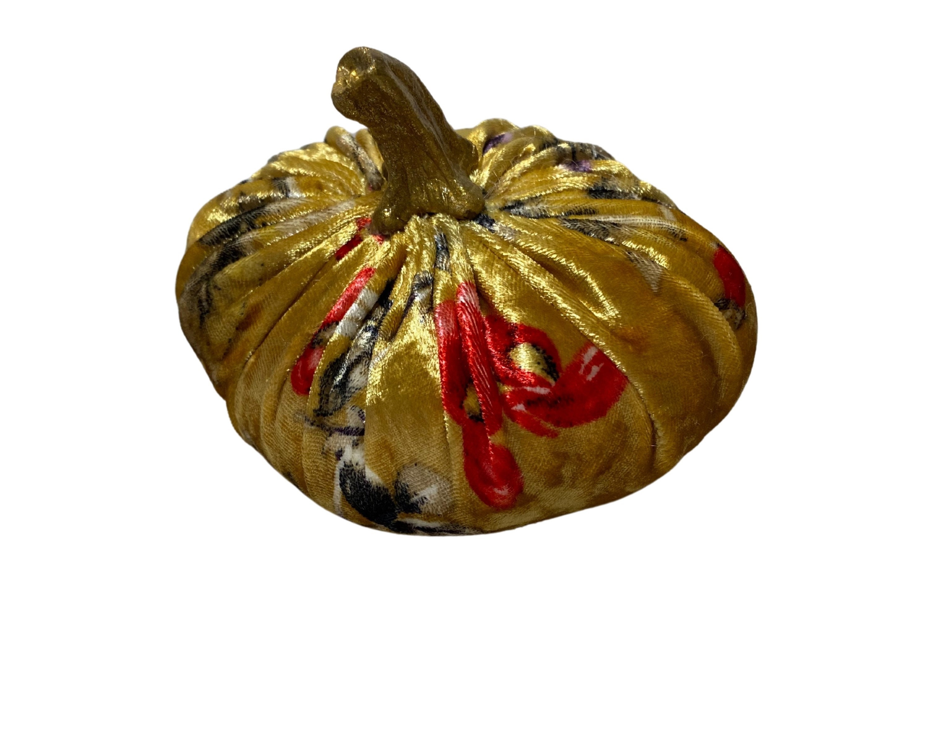 10 INCH GREEN VELVET STUFFED PUMPKIN W/TWISTED GOLD STEM