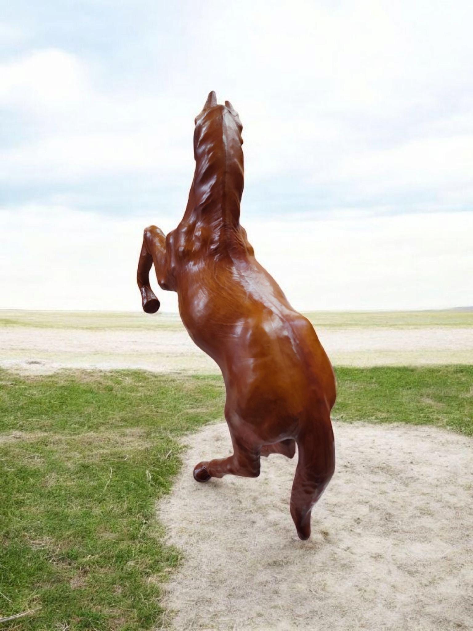 18 Inches Vintage Leather Wrapped Horse Statue Home Decor