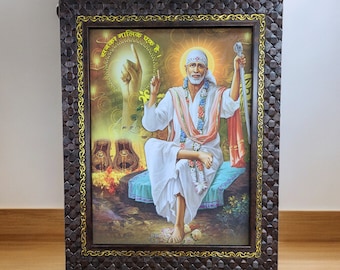 14 inches by 11  inches size SAI BABA  frame  wall hanging glass less picture Hindu for temple/ Home decor usa seller fast shipping
