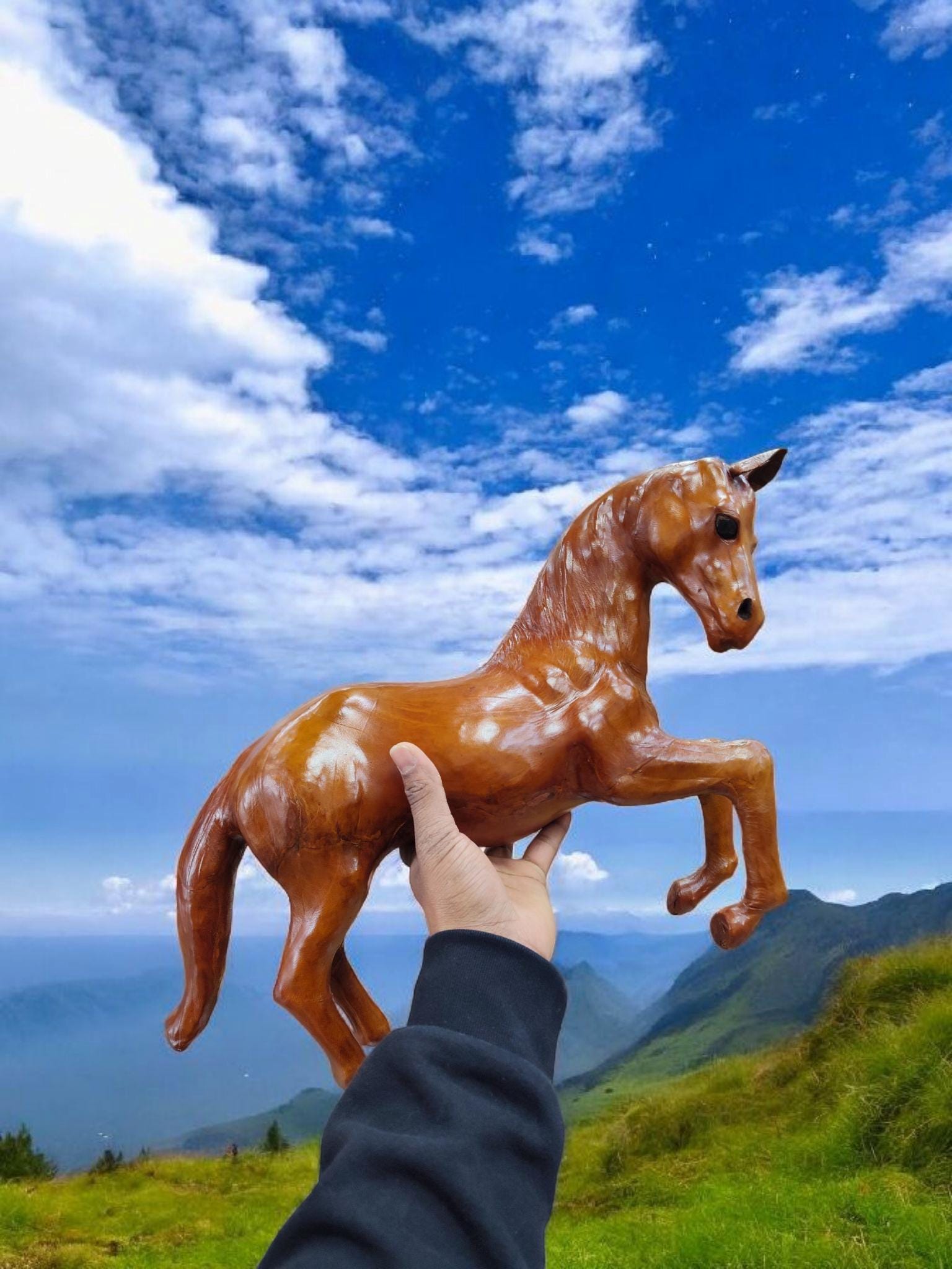 18 Inches Vintage Leather Wrapped Horse Statue Home Decor