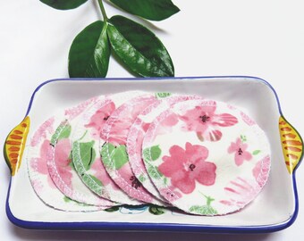 6 katoenen gezichtspads, herbruikbare flanellen rondes, roze bloemen, zero waste make-up remover pads, herbruikbare face pads, gezichtsscrubs, tonerpads