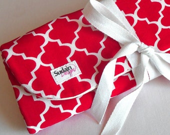 Medallion Red Knitting Needle Case - 18 Pockets Storage Case for Crochet Hooks, DPNs and Circular Needles or even Makeup Brushes