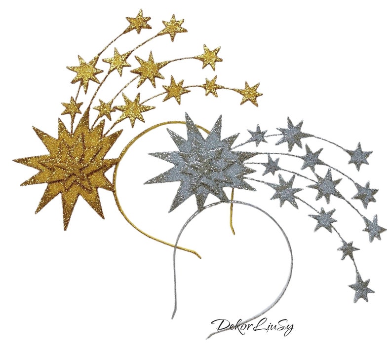 May include: Two gold and silver glitter star headbands with a shooting star design. The headbands are perfect for adding a touch of sparkle to any outfit.