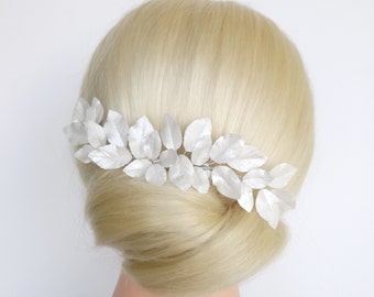 Silver leaf bridal hair comb Metallic white leaves wedding hairpiece  Leaf bridal flower hair piece