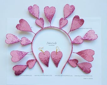 Pink heart crown Red glitter holiday headband